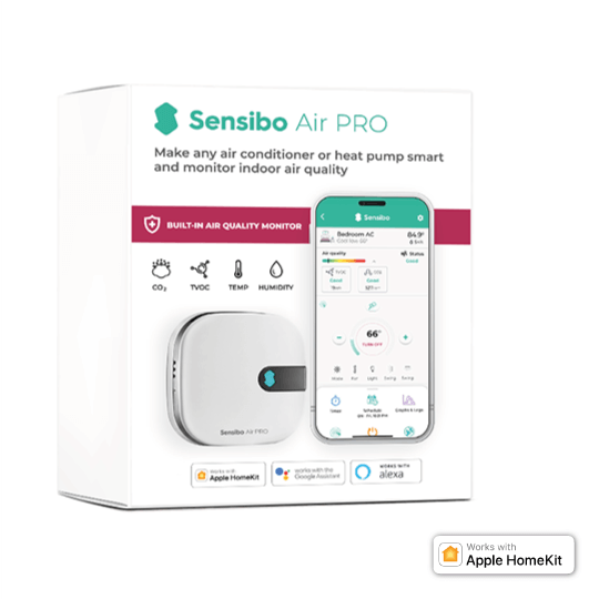 Sensibo Air Pro packaging with a smartphone displaying the app interface on a white background