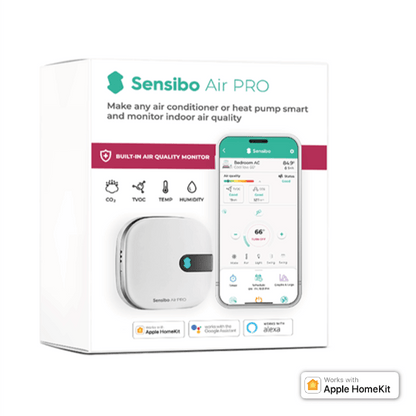Sensibo Air Pro packaging with a smartphone displaying the app interface on a white background