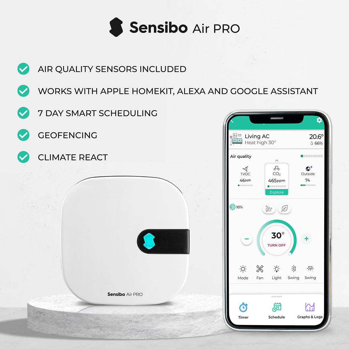 Sensibo Air PRO device with smartphone displaying app interface on a white background