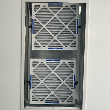 Two air filters mounted on a white ceiling