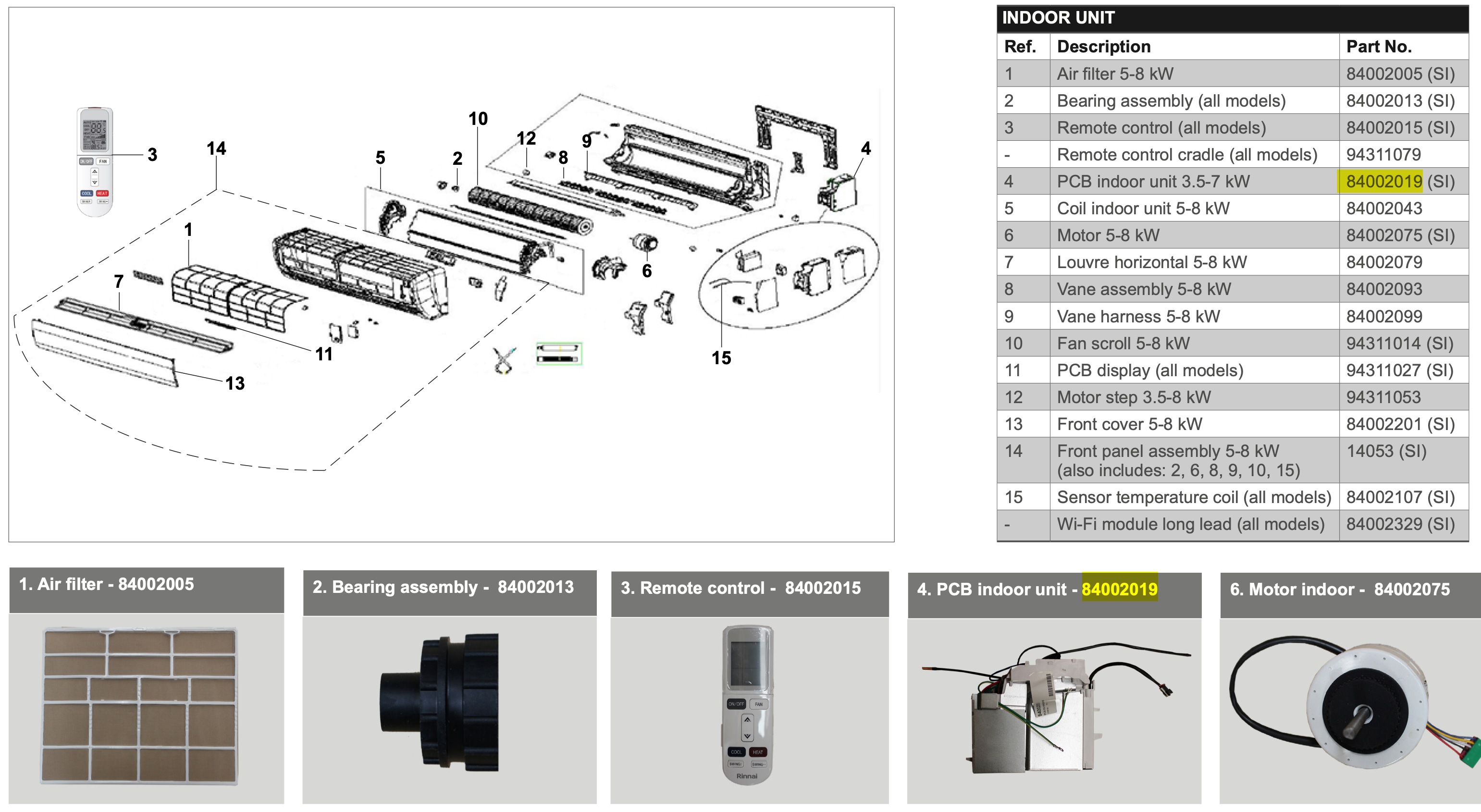 Rinnai Indoor Pcb Indoor Unit 3.5-7 Kw P/N 84002019