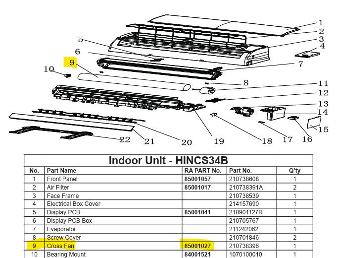 Technical diagram of an indoor unit with labeled parts and specifications.