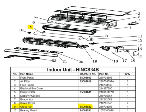 Technical diagram of an indoor unit with labeled parts and specifications.