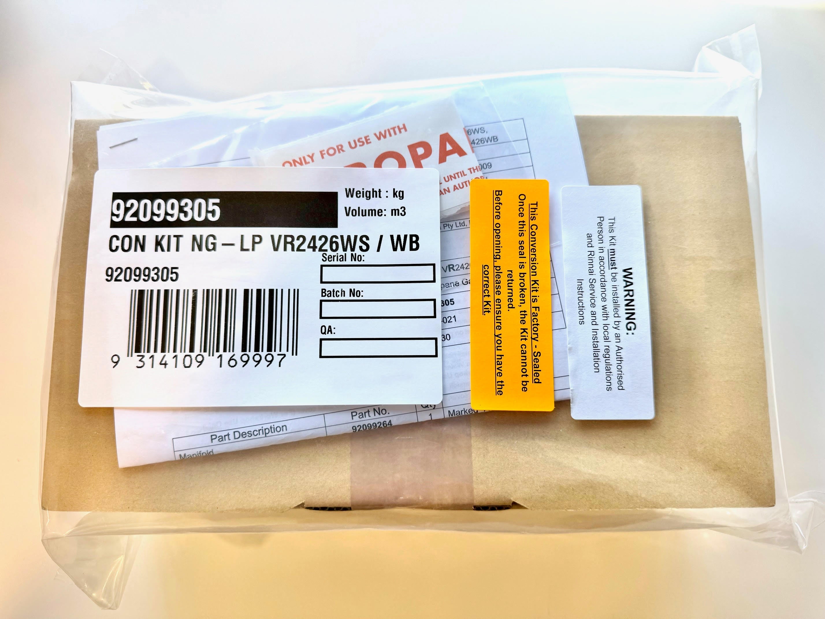 Rinnai 92099305 B26 CON KIT NG-LP VR2426WS / WB