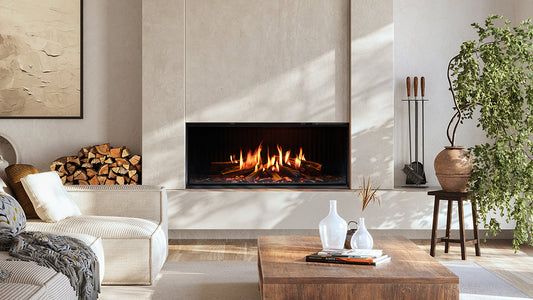 Modern living room with a fireplace, wooden coffee table, and decorative elements.