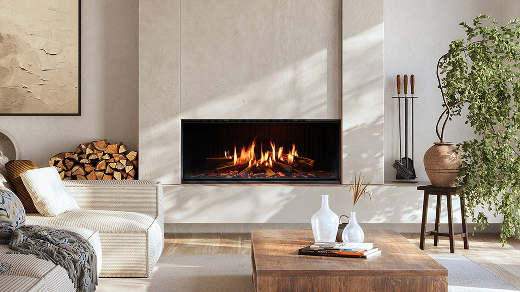 Modern living room with a fireplace, wooden coffee table, and decorative elements.