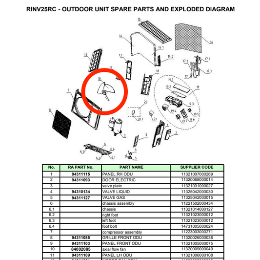 Rinnai Outdoor Fan Blade RINV25RC P/N 840020885 parts diagram