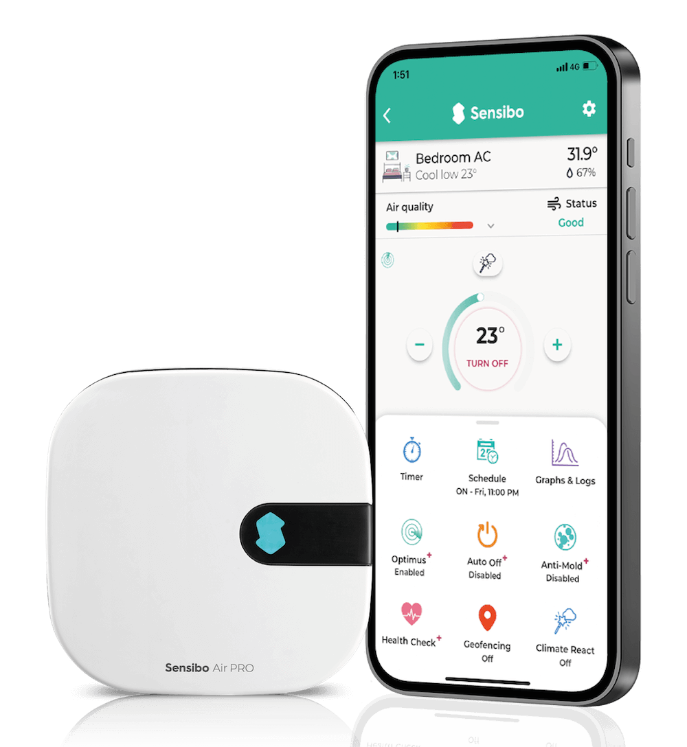 Sensibo Air Pro device and smartphone app on a black background