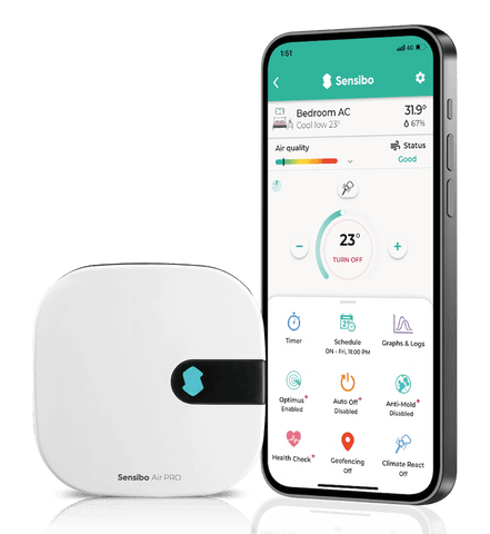 Sensibo Air Pro device and smartphone app on a black background