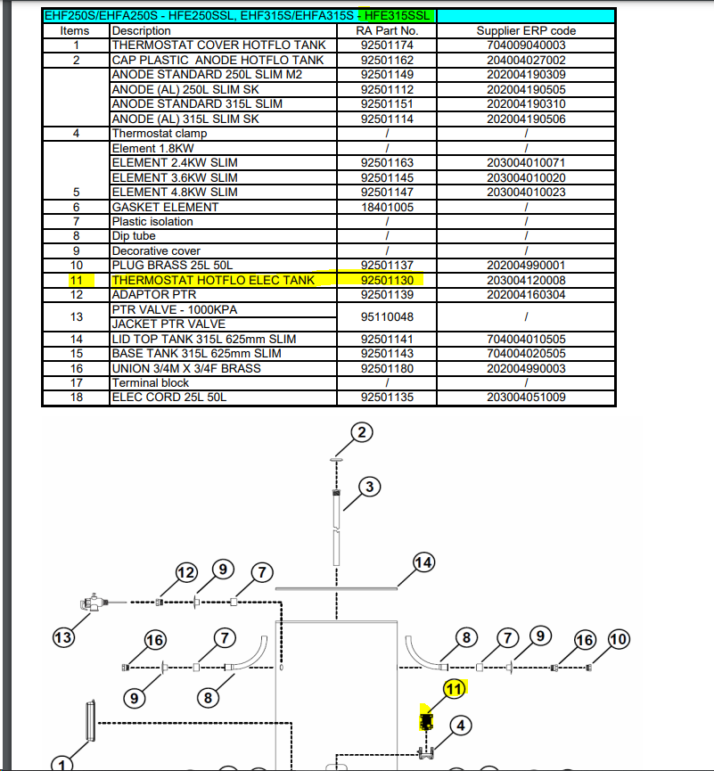 Rinnai Hotflo Elec. Tank Thermostat P/N 92501130